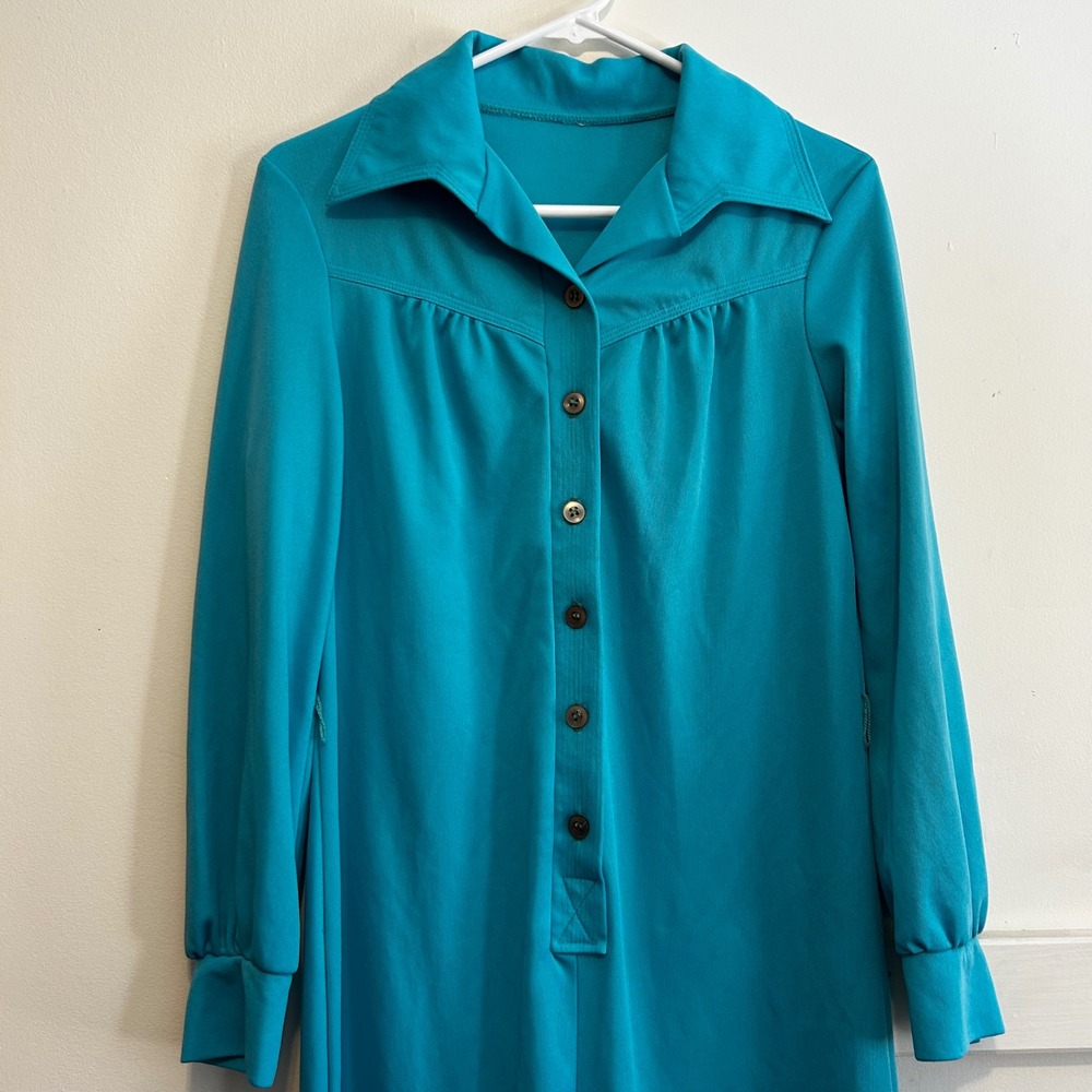 Vintage 70s Blue Dagger Collar Button Front Midi shirt-Dress Long Sleeve - Picture 2 of 7
